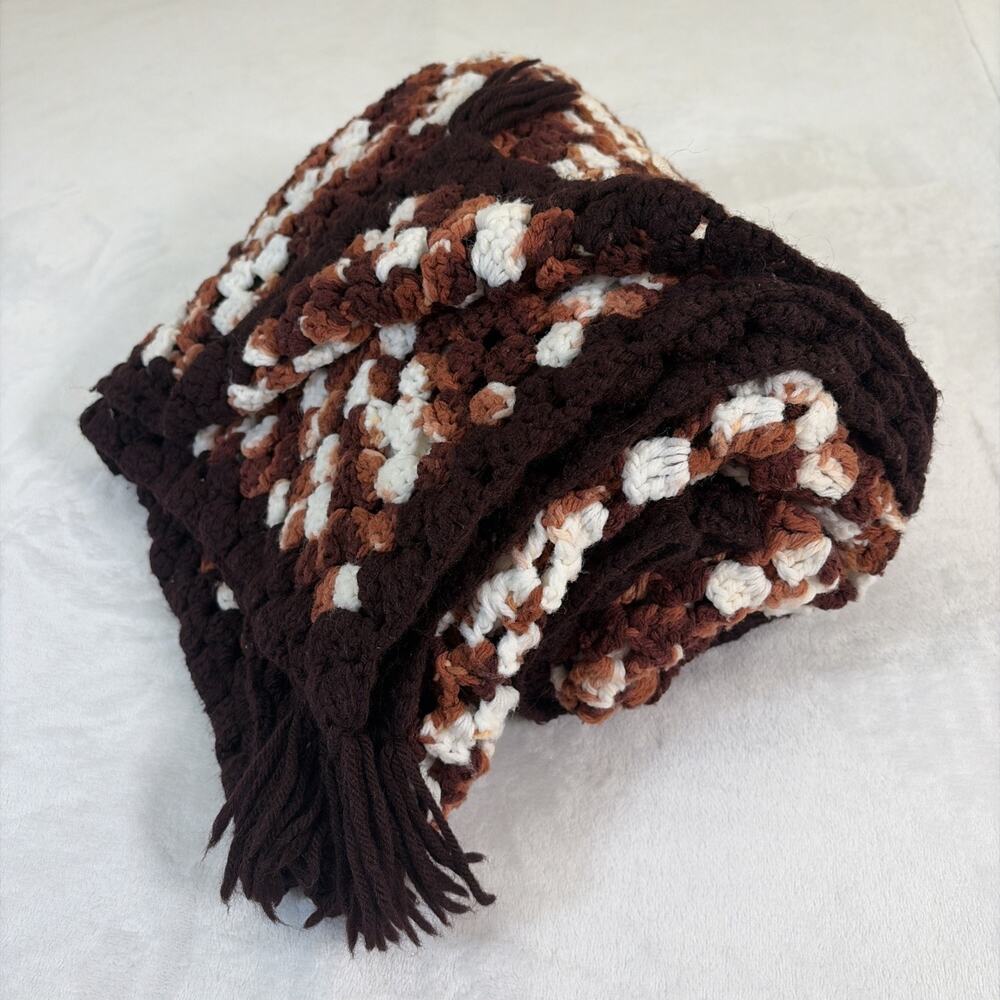 Vtg Handmade Crochet Afghan Throw Granny Blanket Brown & White 60" X 54"